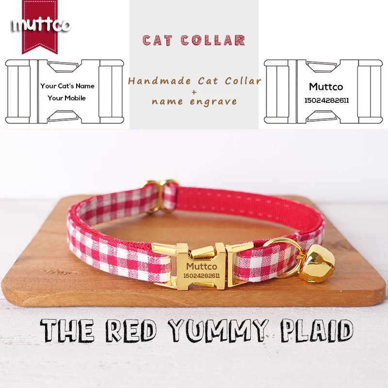 

MUTTCO retail handmade engraved high quality metal buckle collar for cat THE RED YUMMY PLAID design cat collar 2 sizes UCC047B