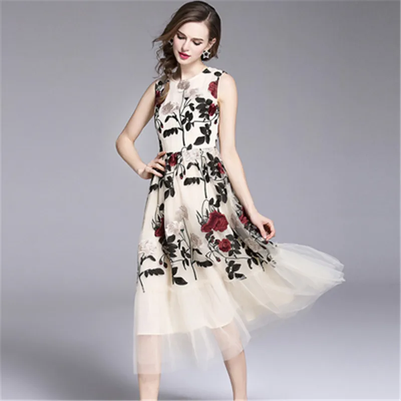 

Женское винтажное платье с цветочной вышивкой, элегантное Сетчатое платье в богемном стиле без рукавов с оборками, лето 2021