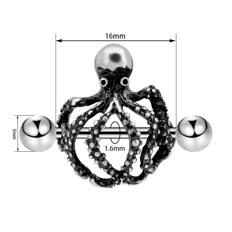 

Пирсинг сосков осьминог, барная штанга для сосков, 2 шт., 14 г, кольцо для сосков из нержавеющей стали 316L