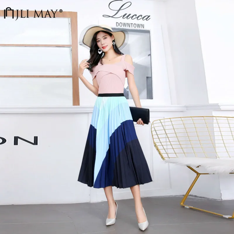 

JLI MAY Color Matching Skirt Summer Elegant Temperament Women Empire Slim Creative Sweet Pleated Skirts Office Lady