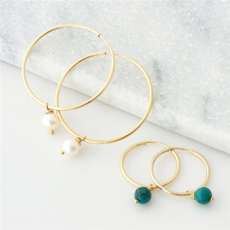 

14K Gold Filled Hoop Earrings Natural Pearl Jewelry Natural Turquoise Gold Hoop Earrings Brincos Pendientes Oorbellen