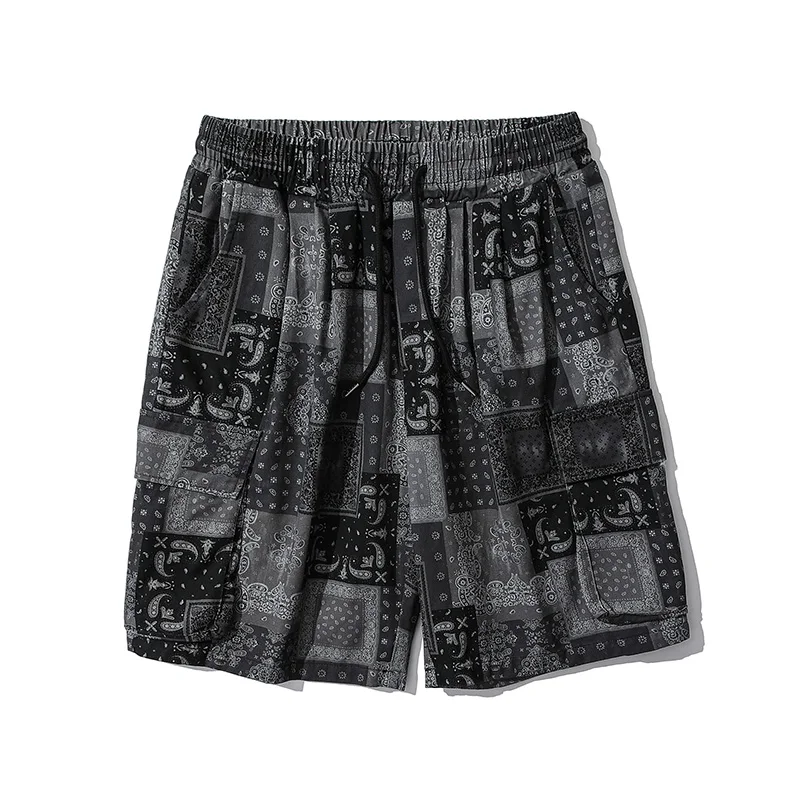 

High street cashew flower shorts men's summer thin loose straight sports Capris Multi Pocket versatile pants