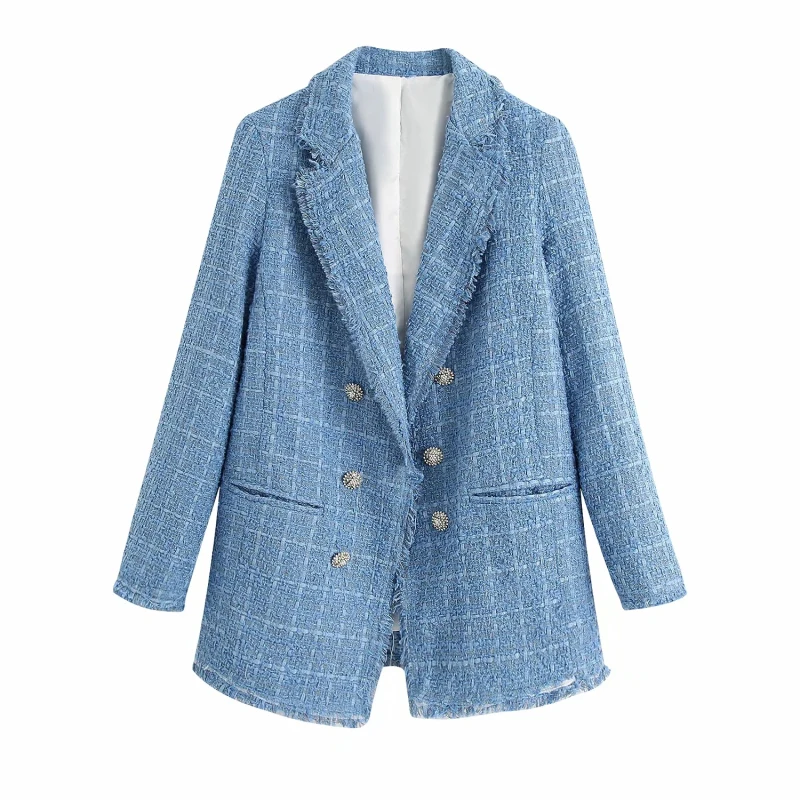 

Tweed Women Elegant Blue Blazers 2021 Fashion Ladies Vintage Loose Blazer Jackets Casual Female Streetwear Suits Girls Chic
