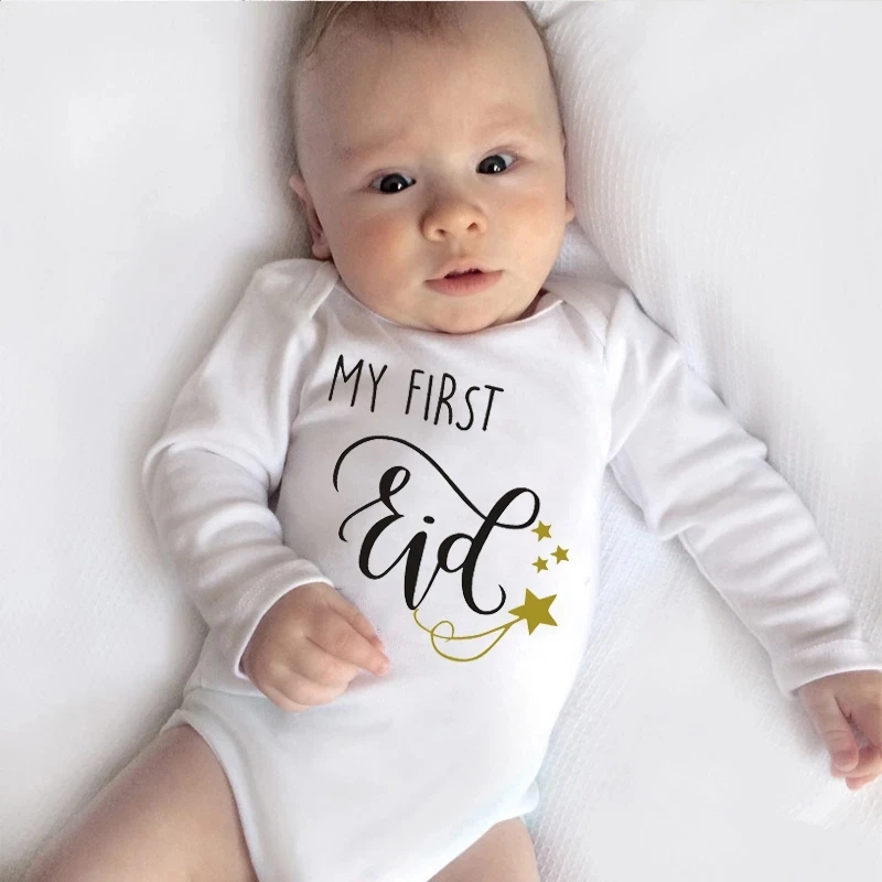 

2021 New Baby Long Sleeve Bodysuits Casual Letter Print My First Eid Girls Boys Onesies Rompers Newborn Baby Clothes Baby Gifts
