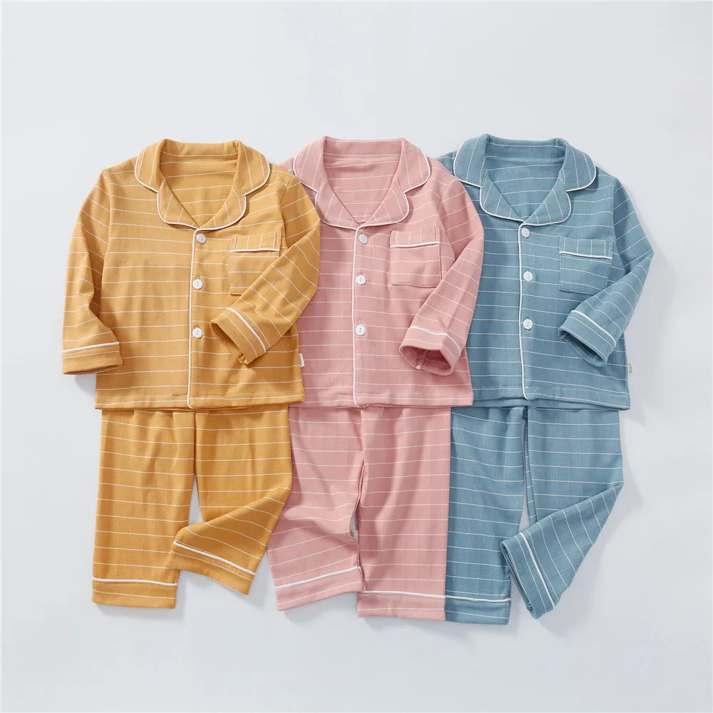 

2021 Spring Autumn Winter Kids Pajama Clothing Sets For Boys Girls 2-Piece Coat Style Cotton Striped Homewear Loungewear