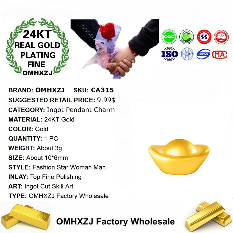 OMHXZJ CA315 Wholesale European Fashion Fine Party Birthday Wedding Gift Ingot Bracelet DIY Accessories 24KT Gold Pendant Charm | Украшения