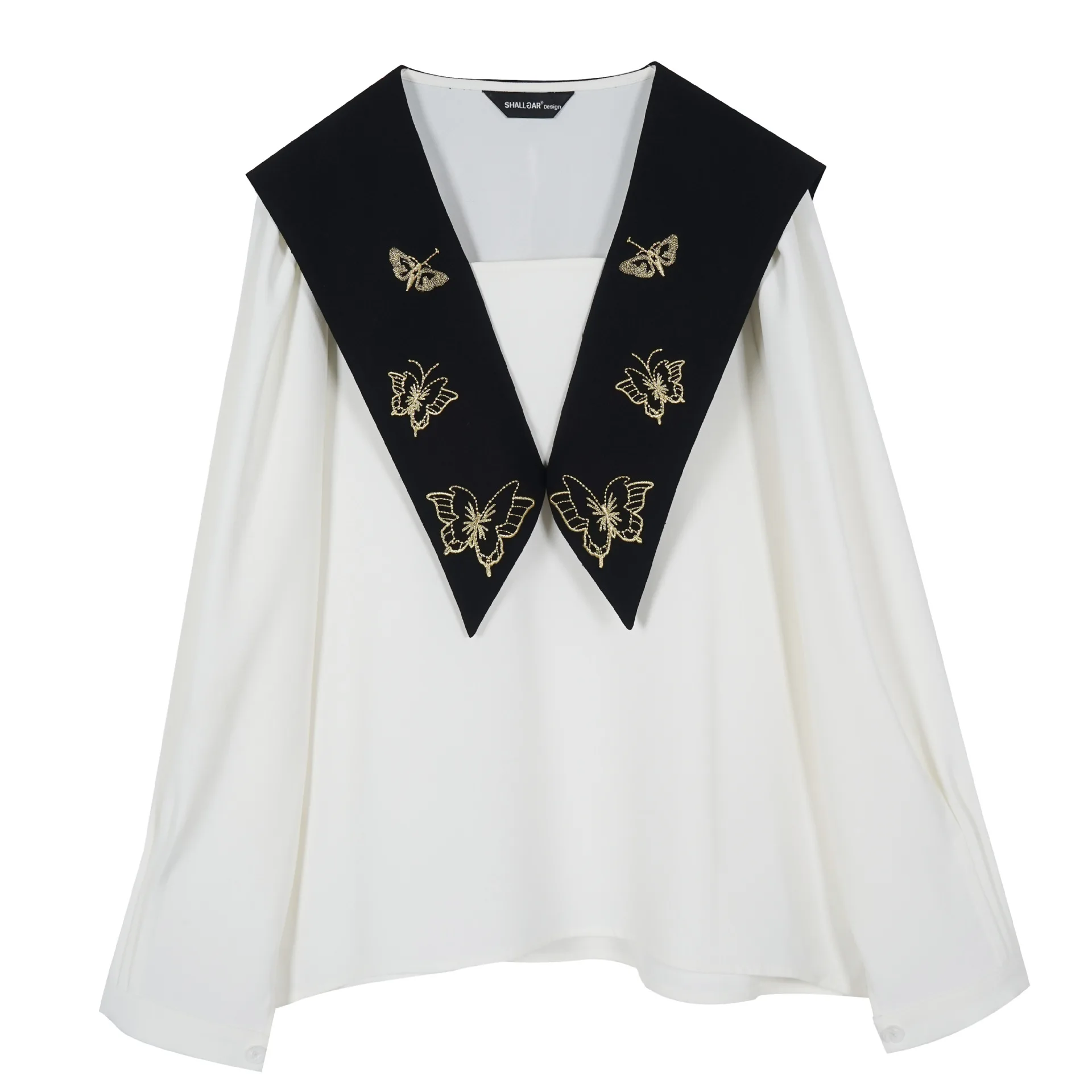

2021 Spring Trend White Shirt Office Lady Casual Tops Patched Black Collar Butterfly Embroidery Loose Women Blouse Blusas Mujer