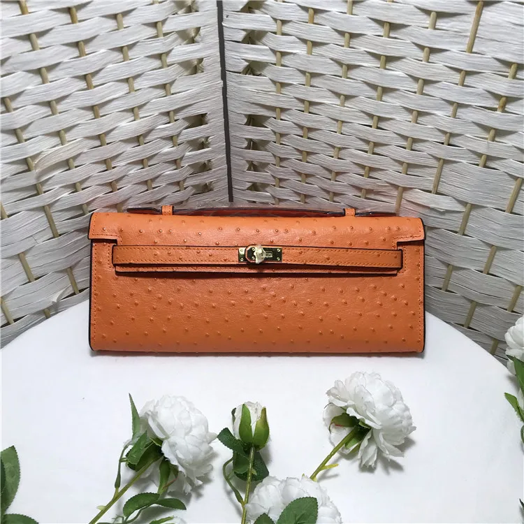 

2019 new ostrich grain cowhide Long Hand Bag Mini fashion Dinner Bag
