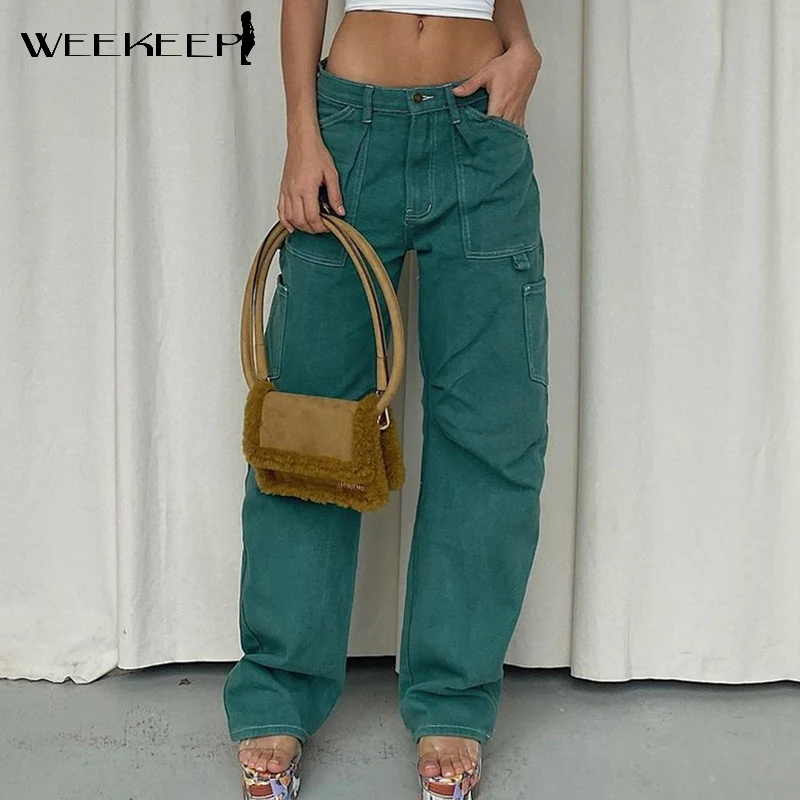 

Weekeep Streetwear Green Denim Mom Jeans Women Autumn High Waist Baggy 100% Cotton Cargo Pants Harajuku Korean Boyfrien Trousers