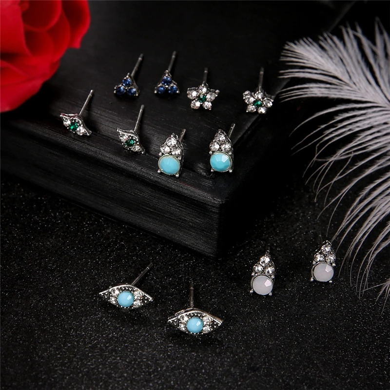 6Pairs Boho Rhinestone Earings Fashion Jewelry For Women Chic Flower Triangle Evil Eye Silver Stud Earrings Set Aretes De Mujer