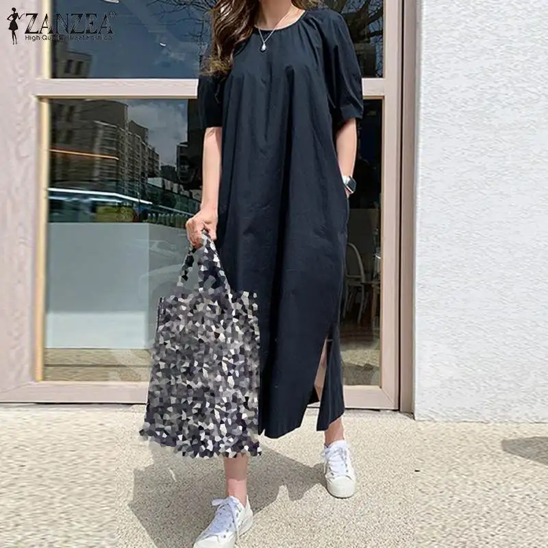 

ZANZEA Femme Clothing Street Faldas Largas Women Summer Baggy Dress Solid Kaftan O-Neck Retro Split Hem Robe Long Midi Sundress