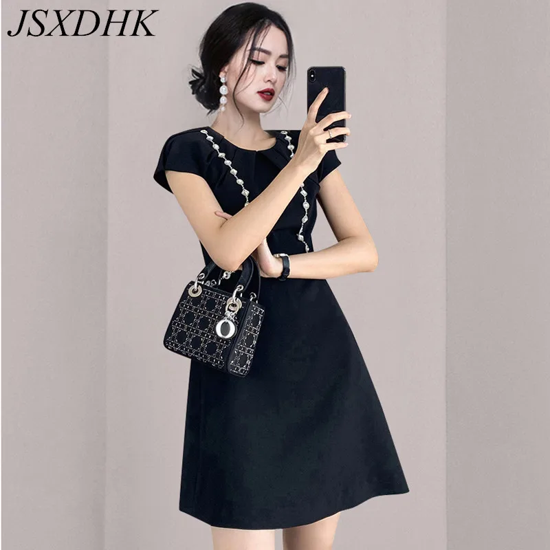 

JSXDHK 2021 Summer Designer Fashion Dress Women Luxury Diamonds Short Sleeve Black Female Bodycon A Line Party Dresses Vestidos