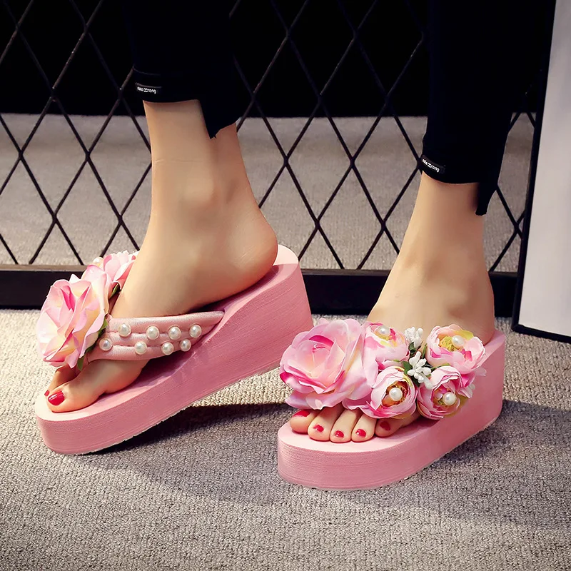 

5CM High Heel Women Summer Slipper Female Sequined Flower Flip Flop Holiday Breathable Non-Slip Slippers Outdoor Beach Shoes