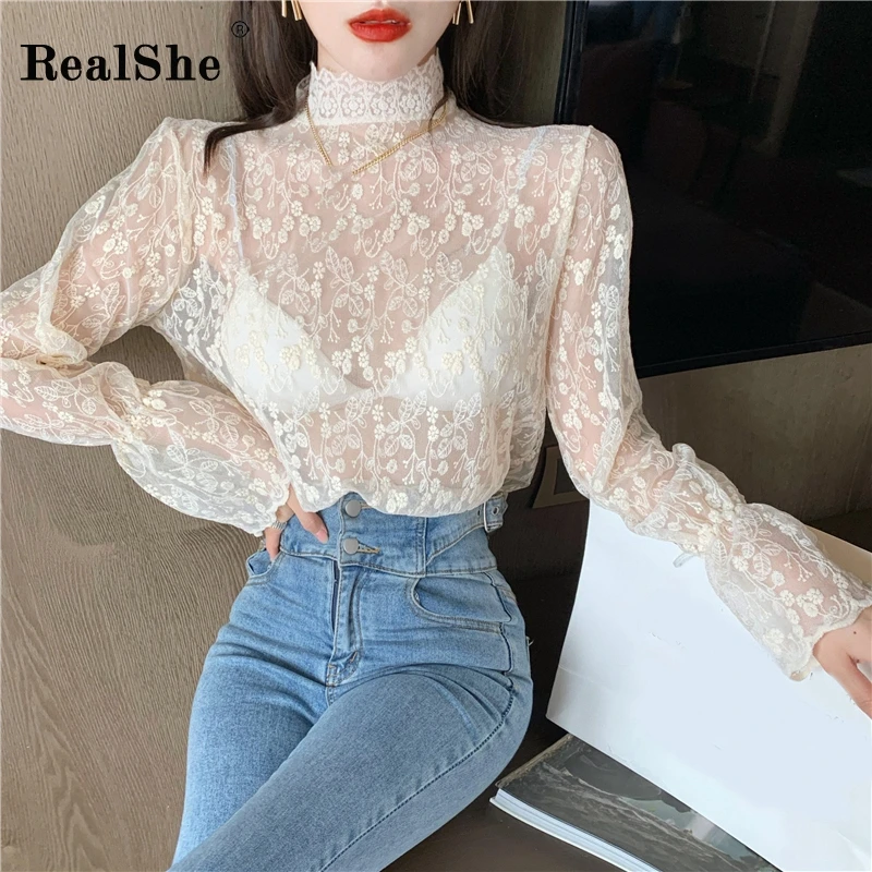 RealShe сетчатая женская футболка с высоким воротом и длинным рукавом однотонная