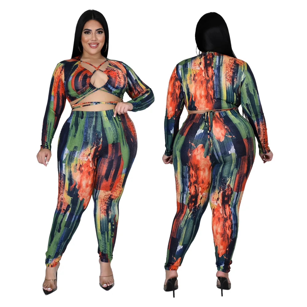 

Women Casual Plus Size Two Piece Sets XL-4XL V-neck Lace-up Crop Tops High Waist Skinny Pants Tie-dye Printing Fall 2021