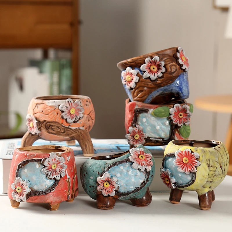 

2022 Vintage Painted Floret Succulent Ceramic Flower Pot Unique Design Planter Art Ornament Home Balcony Creative Gardening