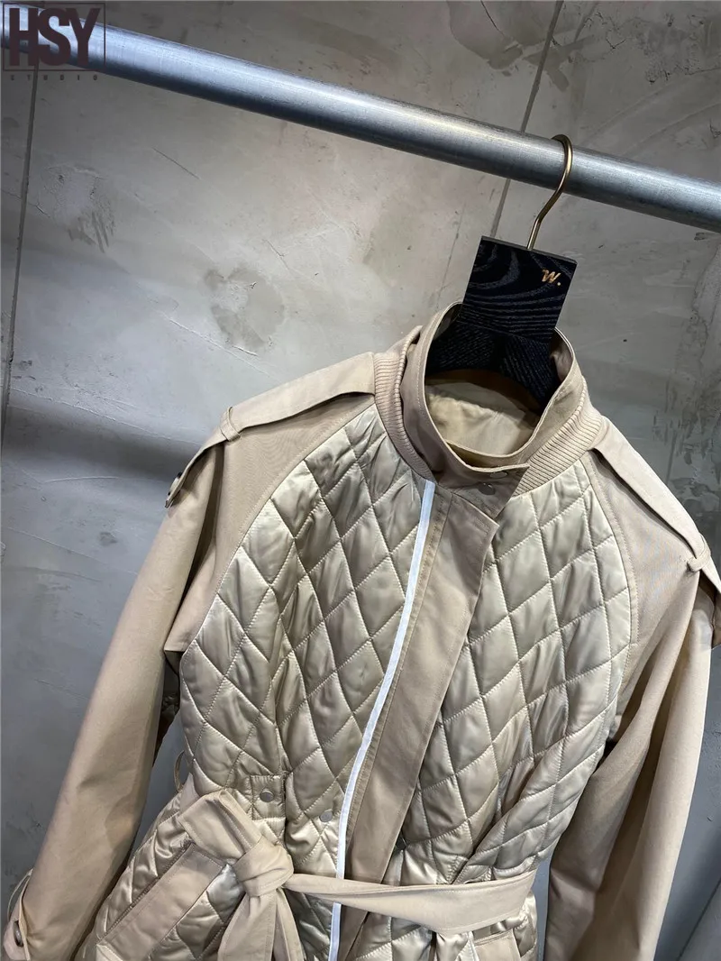 【HSY】2019 Осень Зима Новая Женская Хаки стеганая куртка с поясом клетчатая