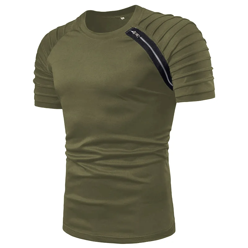 

Fashion men's T-shirts o-neck cuff Folds zipper design Solid color Casual summer Short sleeve T-shirt men