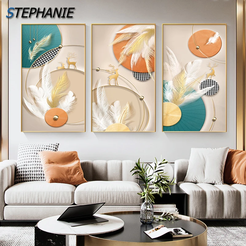 

Modern White feather Posters Nordic Golden deer Paintings Wall Art Canvas Pictures Prints for Living Room Luxury Interior Decor