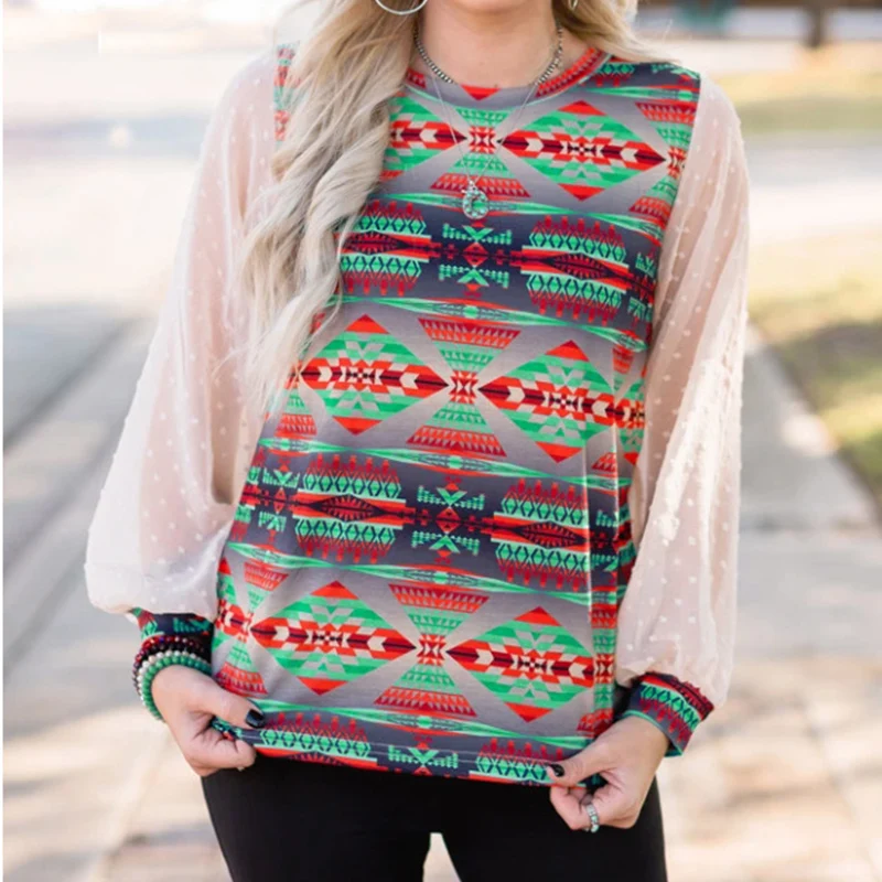 Casual Loose Office Lady Stitching Pullover Top New Mesh Long Sleeve Women Tops Fashion Summer Slim Fit Printed Bottoming Shirts | Женская
