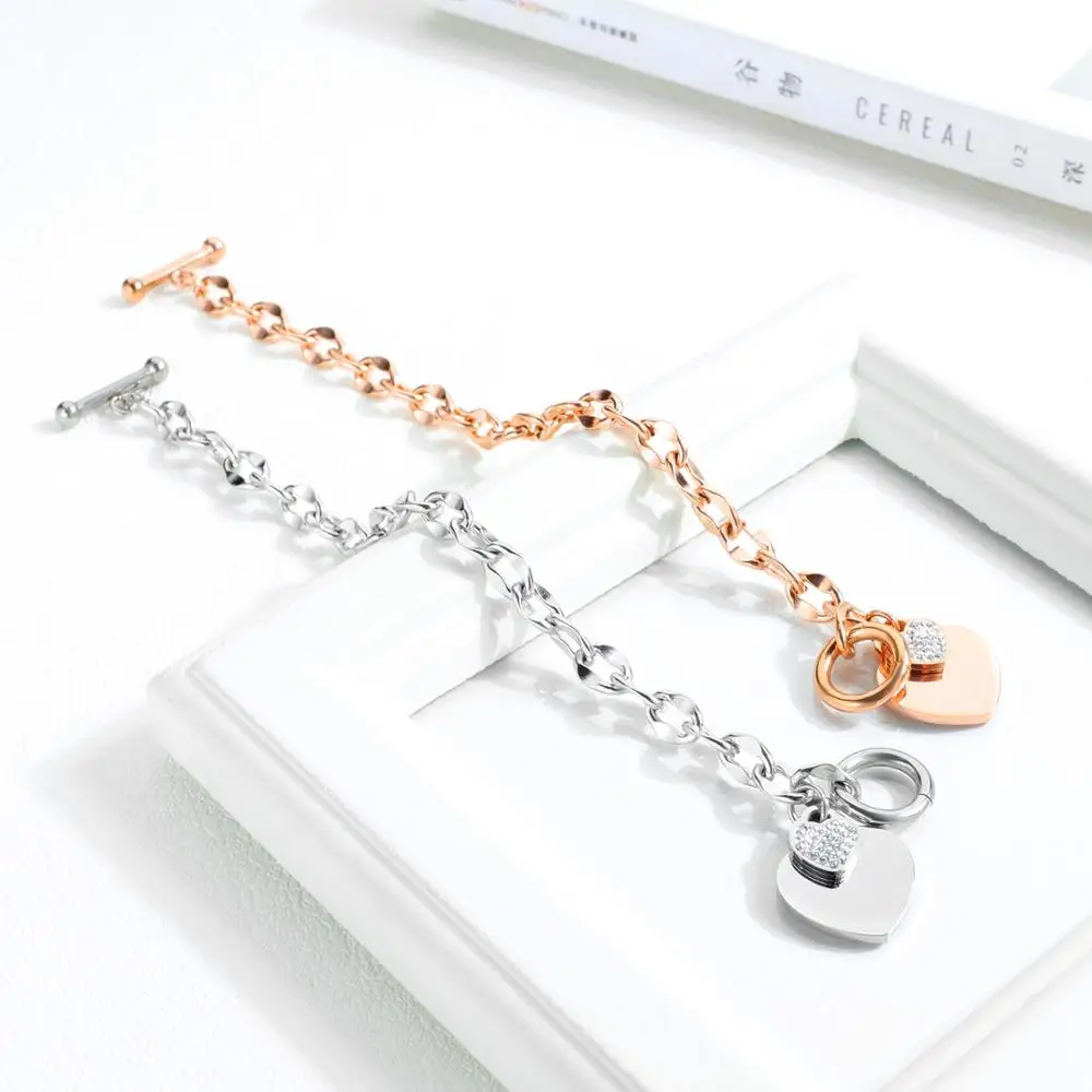 

European and American Fashion 316L Stainless Steel Toggle-clasps Bracelet Heart Rose gold-plated With Cubic Zironia Jewelry