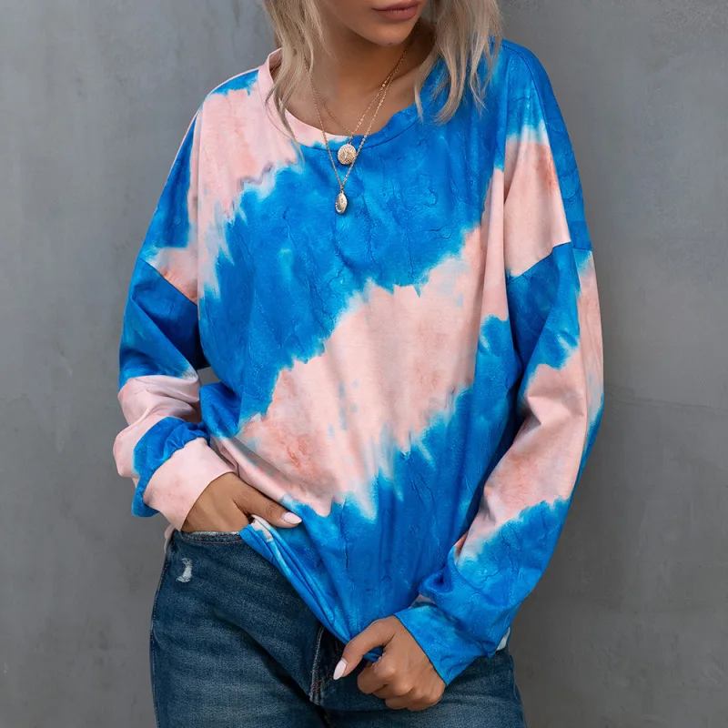 

European and American Autumn and Winter Tie-dye Printing Ladies Home Wear Long-sleeved Casual Plus Size Women's Tops