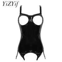 women open cup bodysuit lingerie sexy wet look faux leather wide shoulder straps tight cupless corset stockings teddy bodysuit