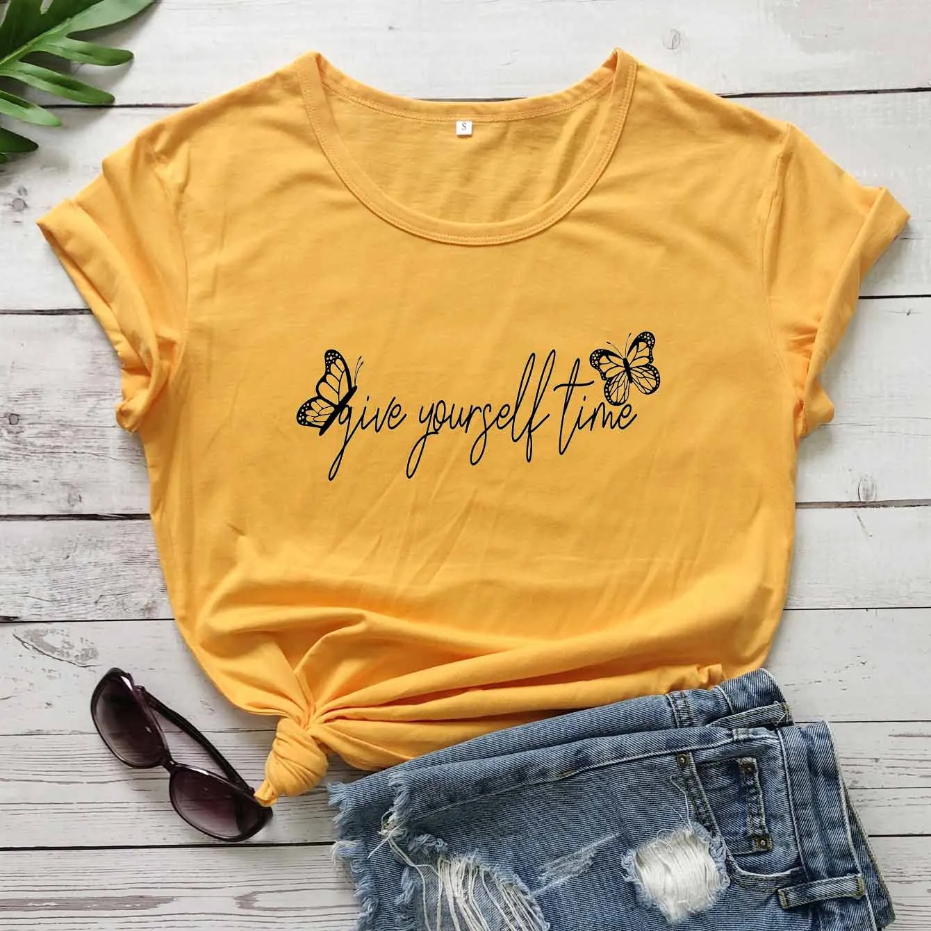 

Повседневная футболка с надписью «Дайте себе время», стиль унисекс, с бабочкой, из чистого хлопка, Молодежные хипстерские винтажные футболк...