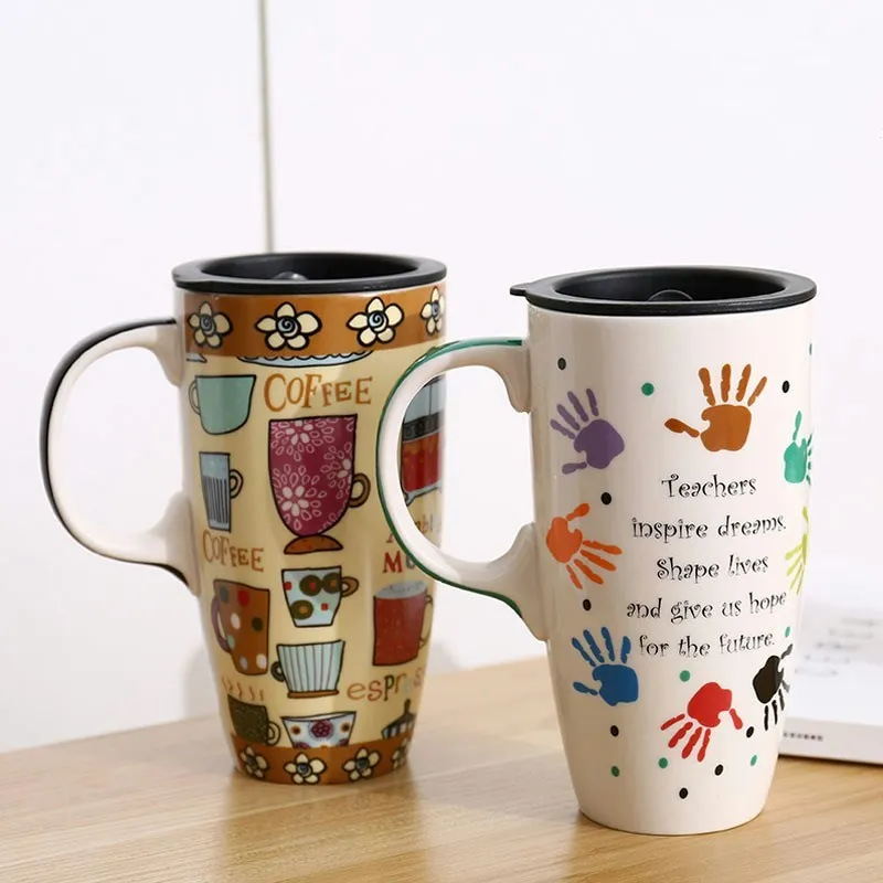 

Creative Coffee Cartoon Mugs with Lid Ceramic Mug Drinking Cup Large Capacity Household Juice Fruit Couple Gift Milk Tea Cups