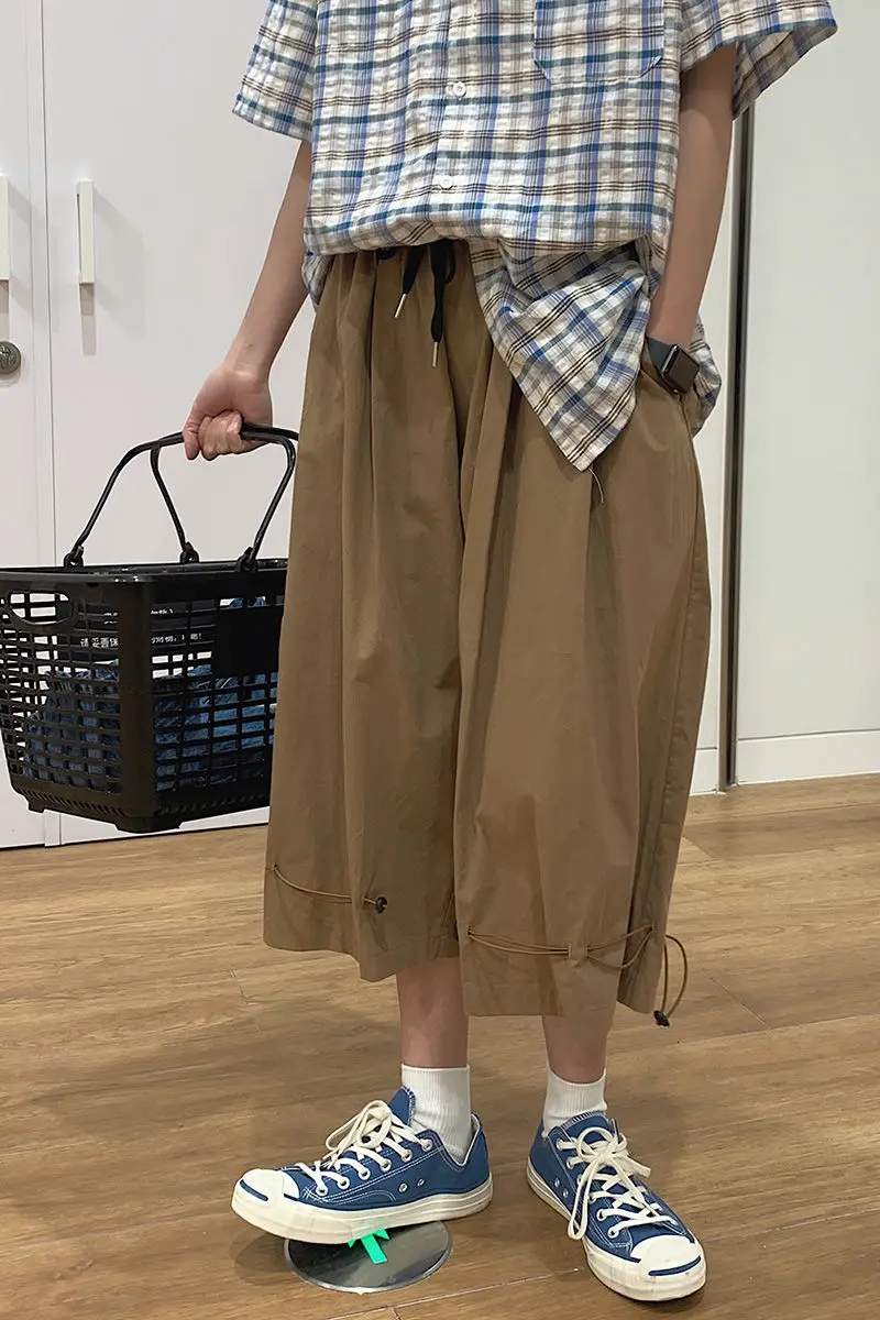 

2020 Summer New Youth Popular Loose Solid Color Couple Straight Wide Leg Drawstring Pants Fashion Casual Cropped Pants