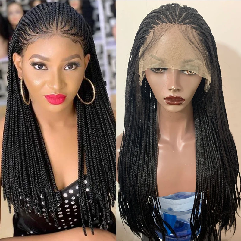 

Long Black Braided 13*4 Lace Front Wig African Wig Headband Box Braids Wig Natural Synthetic Braiding Hair For Afro Women/Men