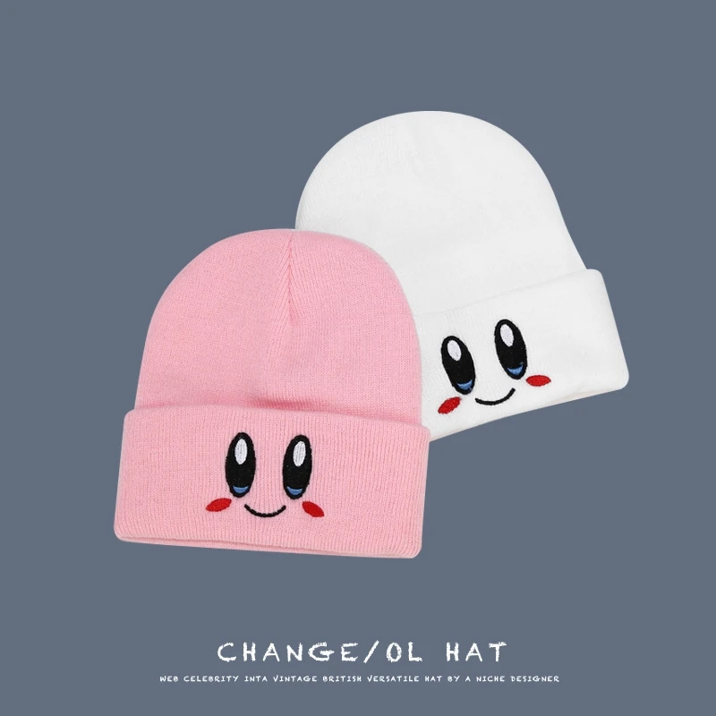 New Pink Knitted Hat Eye Embroidery Elasticity Cartoons Beanie Winter Keep Warm Girl Fashion Autumn Crimping Women Knitted Hat