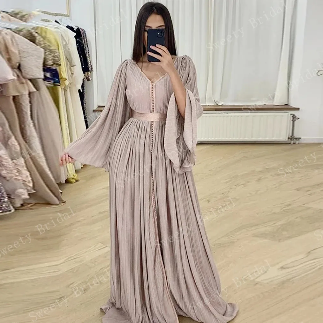 

Elegant Moroccan Caftan Muslim Evening Dresses A-Line Long Sleeve Formal Prom Gowns for Women Dubai Saudi Arabic Robes De Soirée