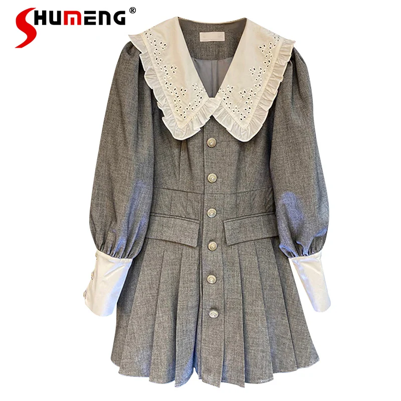 

2021 Autumn New Fashion Peter Pan Collar High Waist Slimming Single-Breasted Long Sleeve Dress Women's Casual Pleated Mini Dress