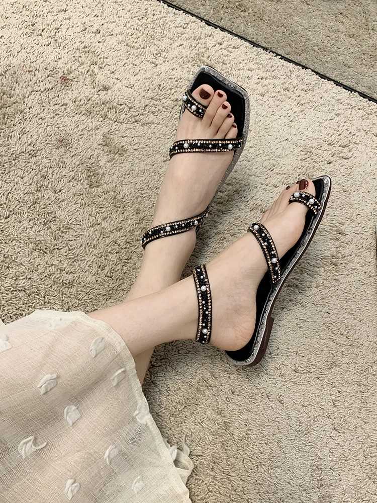 

Sandals Straps Slip-on Loafers Summer Women's Female Shoe Clear Heels Open Toe Elastic Band Flat Low Girls 2021 Comfort Peep Be