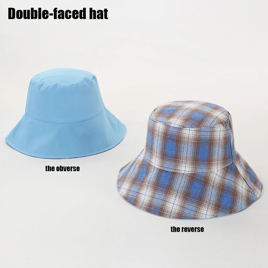 

New Harajuku plaid double-faced fisherman hat casual sun hat bucket hat