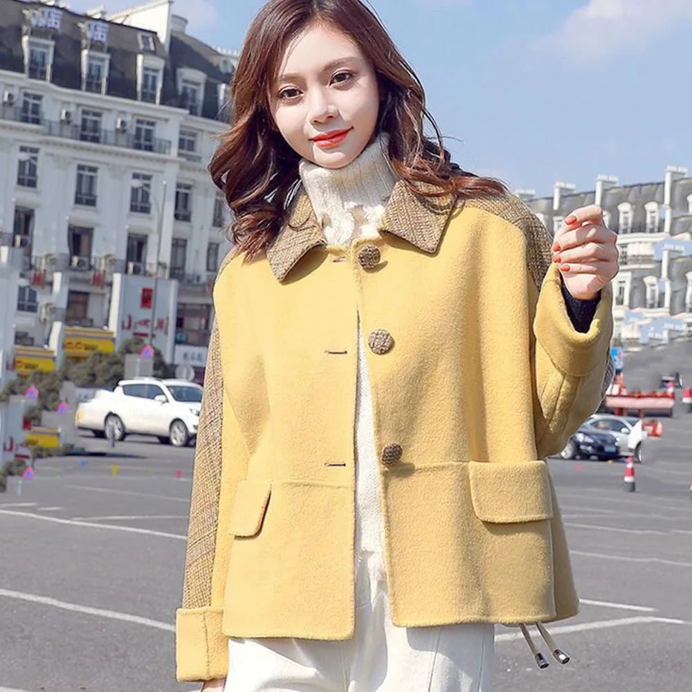 

Women Yellow Coat Plaid Korean Popular Short Jacket Patchwork Turn Down Collar Button Pocket Loose Winter Hit Color Chic Coat