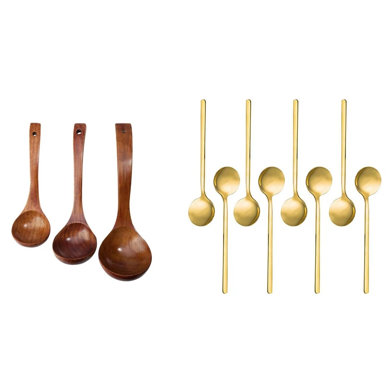 

1 Set Natural Wood Long Handled Rice Soup Cooking Spoons & 8 Pcs Gold-Plated Stainless Steel Coffee Spoon