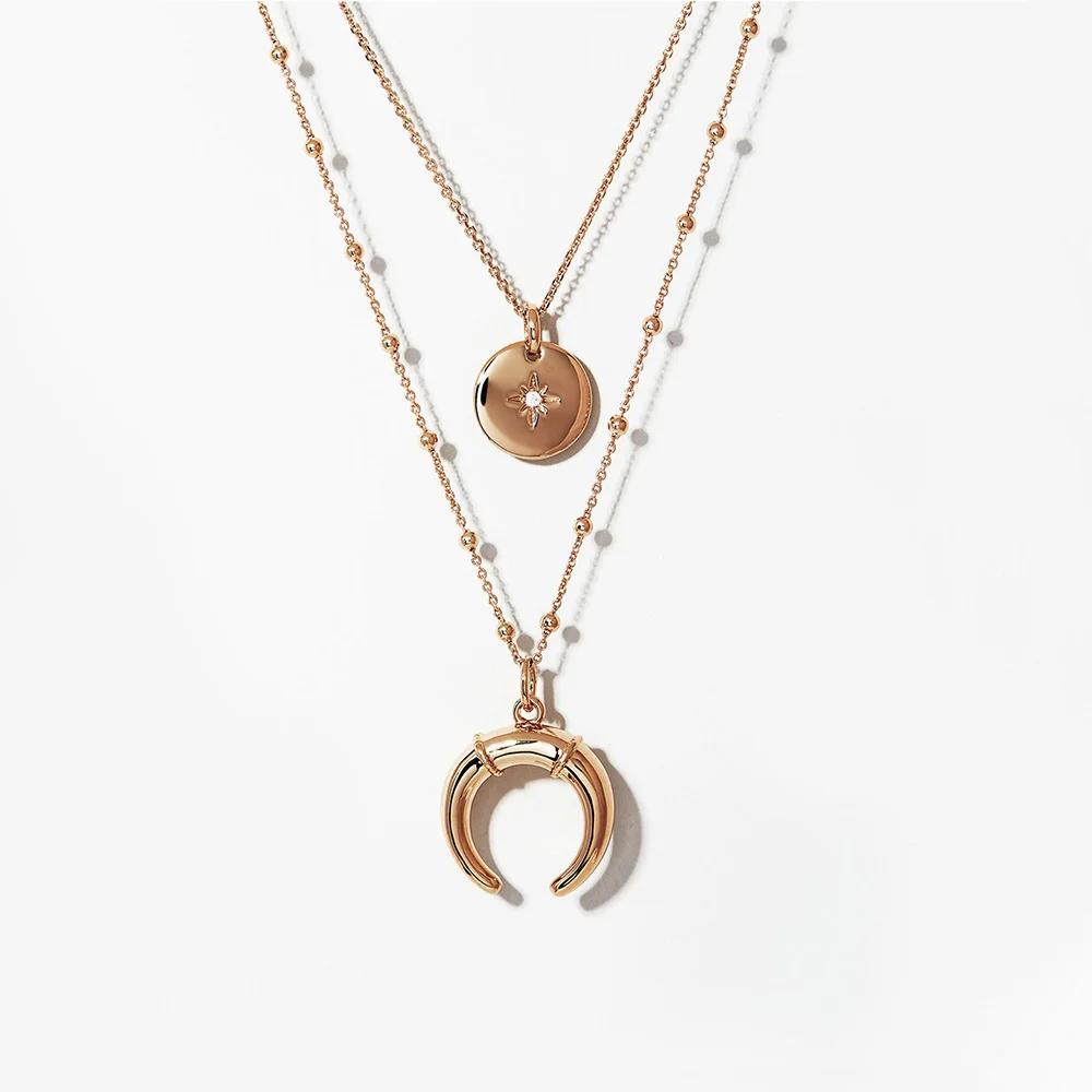 

OUREX New Fashion Gold Color Metal Double Layer Moon Pendent Necklace Simple Design Necklace for Women Party Jewelry Wholesale