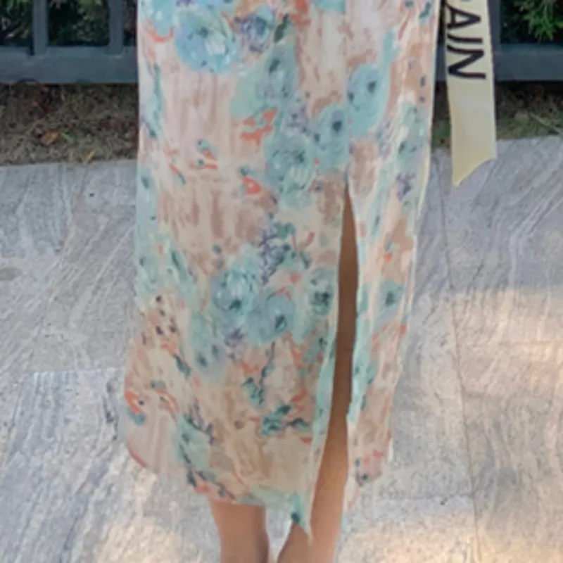 

Vintage Women Dresses Summer 2021 Slim Chiffon Floral Robes Female Asymmetrical Neck Boho Beach Style Side Split Midi Vestidos