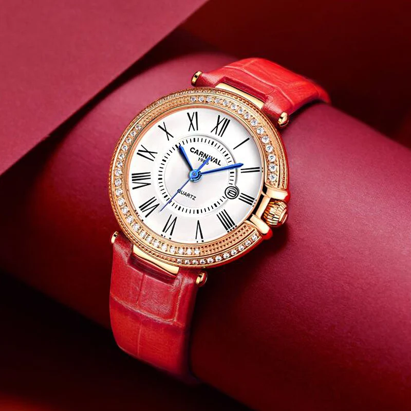 Carnival New Fashion Newest Top Luxury Diamond Watch Women Red Leather Strap Rhinestone Quartz Watch Clock Relogio Feminino