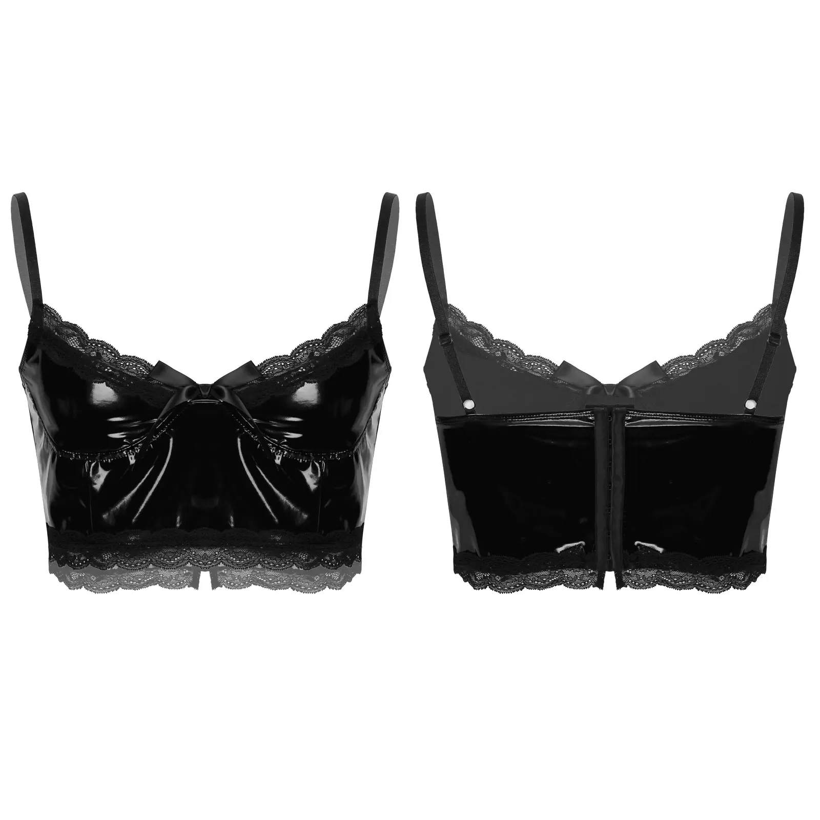 

Mens Gothic Lingerie Exotic Tanks Leather Crop Top Summer Punk Sissy Lace Trim Bowknot Sleeveless Vest Tops for Evening Clubwear