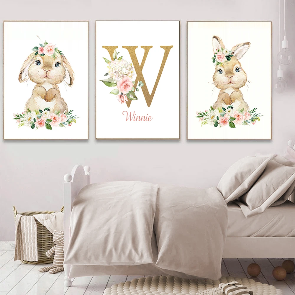 

Personalized Girl Name Wall Poster Nursery Wall Art Print Flower Rabbit Canvas Painting Animals Pictures for Baby Bedroom Decor