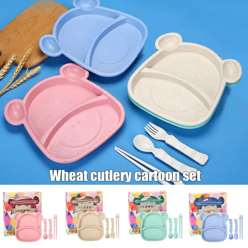 

Hot Selling Wheats Straw Tableware Baby Dishes Tray Breakfast Tray Grid Plates Safe Portable Gifts for Children LBV