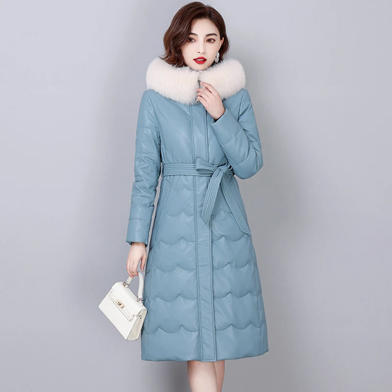 New Women Leather Down Coat 2022 Autumn Winter Thick Warm Fox Fur Collar Butterfly Belt Slim Long Sheepskin Down Jacket