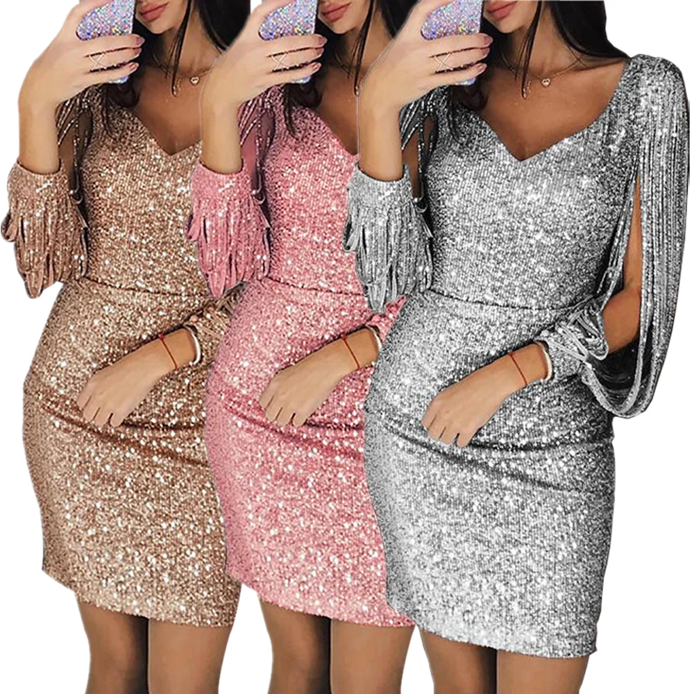 Women Elegant Slim Bodycon Dresses Ladies Sequins Sexy V-Neck Casual Party Dress Stylish Summer Lantern Tassel Sleeve Mini Dress casual dresses