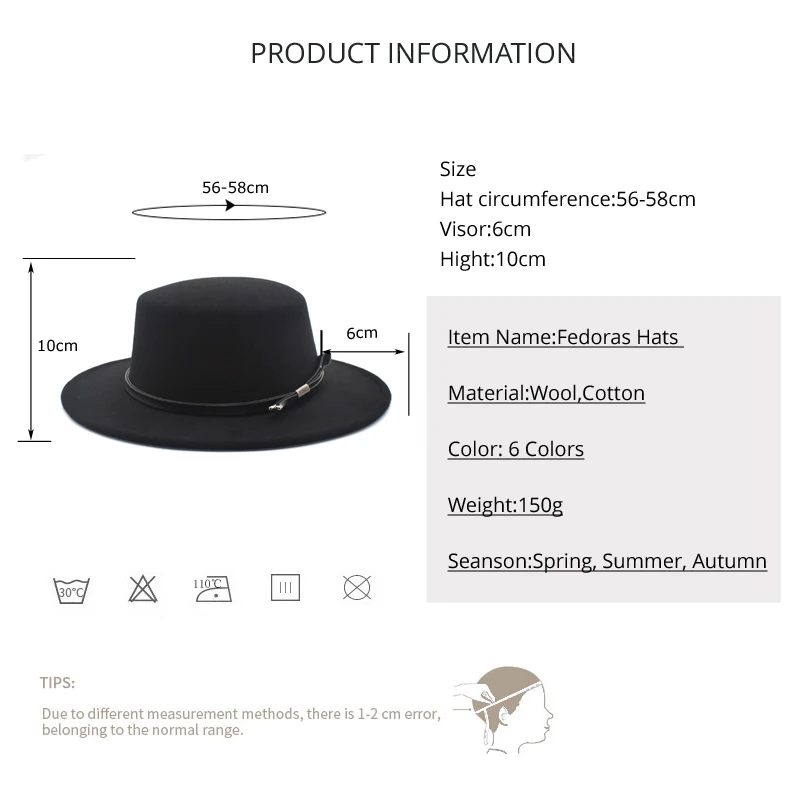 New Men's Flat Fedora Hat, Women's Faux Wool Blended Jazz Hat, Wide Brim Simple Church Derby Flat Top Hat P16