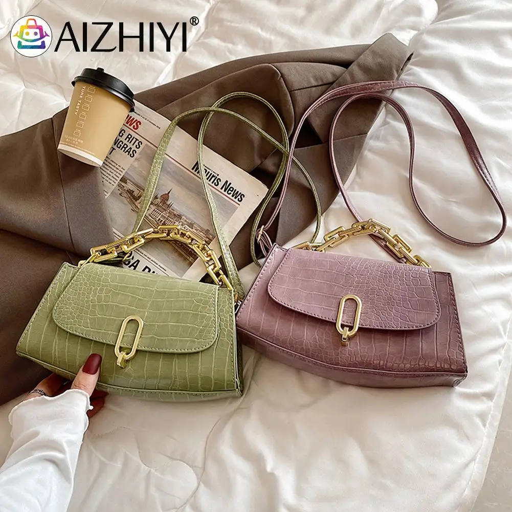 

Vintage Women Alligator Pattern Solid Color PU Leather Shoulder Crossbody Messenger Bag Casual Ladies Thick Chain Small Handbag