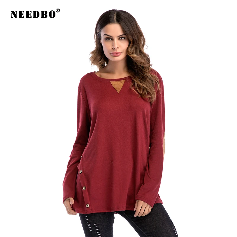 

NEEDBO топы и футболки, футболки с длинным рукавом для женщин, однотонная Сексуальная футболка, Женская свободная футболка с длинным рукавом, Ж...