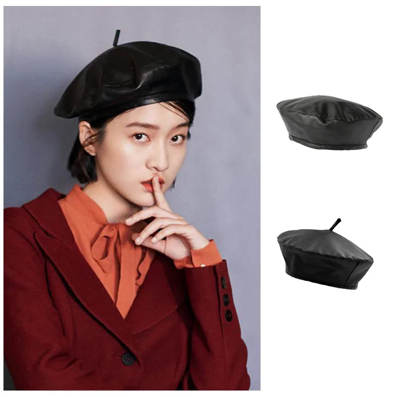 

Star same beret female PU leather summer thin octagonal hat Korean style autumn and winter British painter hat